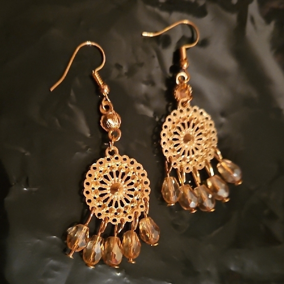 Gold Tone and Crystal Earrings, Dreamcatcher Shape, NWT - Picture 2 of 3